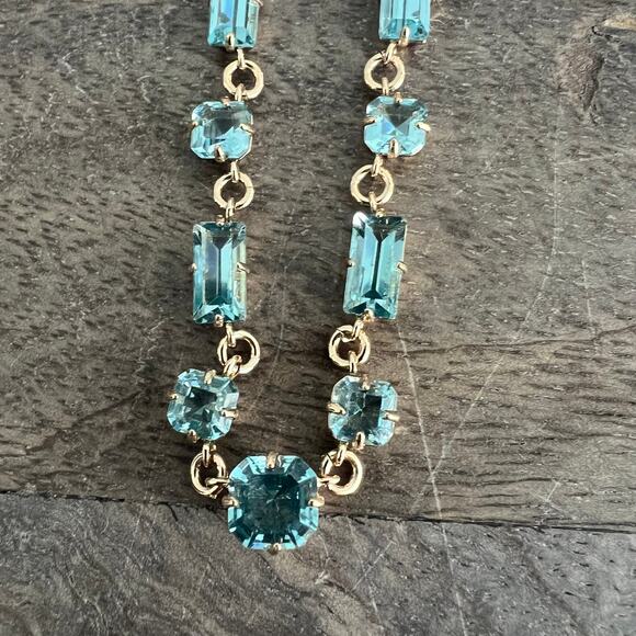 New Ralph Lauren Aqua Pale Blue Baguette Jewel Frontal Gold Tone Chain Necklace - Picture 8 of 9